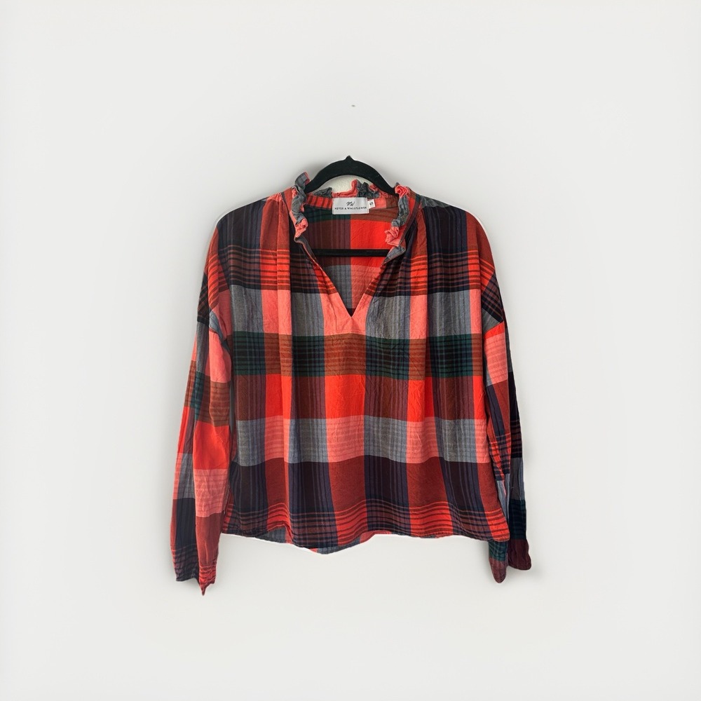 Never A Wallflower Women's Blouse Top S Red Blue Plaid High Neck Ruffle‎